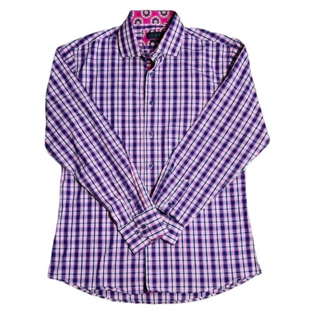 Dolce Men’s Slim Fit Button Down Contrast Cuffs‎ Plaid Shirt Sz. L